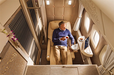 Zero-gravity position in Emirates' new Boeing 776 First Class Suites.