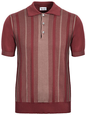 Brioni bordeaux cotton and silk polo shirt with striped jacquard two-tone trim on the front: US$1,100.