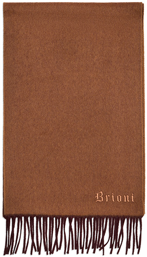 Brioni rust brown & amaranth double faced cashmere scarf with embroidered logo: US$695.