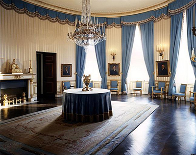 The White House Blue Room as redecorated by Maison Jansen in 1962.