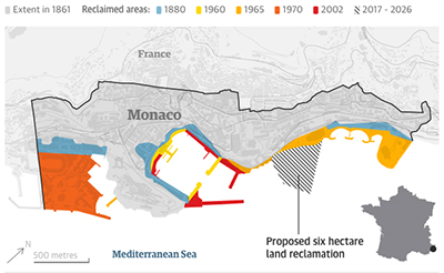 Monaco's reclaimed land. Guardian graphic | Source: Government of Monaco.