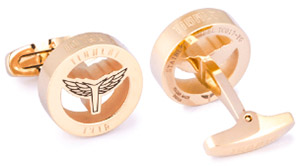 Tibaldi Wings, Yellow Gold, engraved logo with enamel top coat cufflinks.