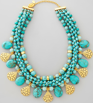 José & Maria Barrera Multi-Strand Turquoise & Gold Plate Necklace: US$715.