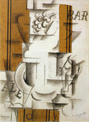 Fruit Dish and Glass (papier collé) (1912) by Georges Braque.