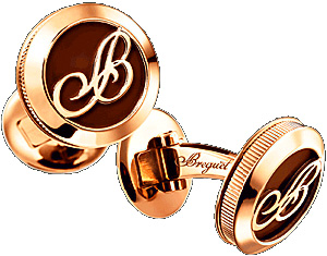Breguet 18-carats pink gold and enamel, with the 'B' of Breguet and fluted caseband cufflinks.