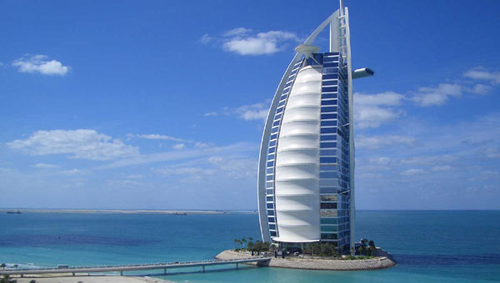 World's only 7-star hotel: Burj Al Arab, Dubai.