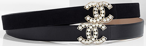 Chanel women's goatskin leather belt embellished with a strassed and glass pearl.