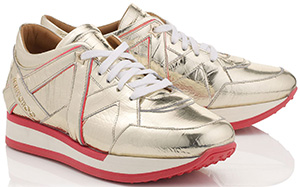 Jimmy Choo Light Gold Embossed Mirror Leather and Geranium Neon Nappa Mix Trainers: US$750.