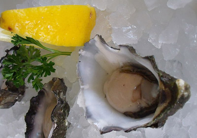 Oysters served on ice and with a piece of lemon on the side.