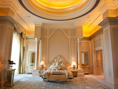 The master bedroom of the Palace Suite at Emirates Palace, West Corniche Road, Abu Dhabi, United Arab Emirates.