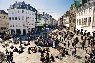 Strøget is a carfree zone in Copenhagen, Denmark. This popular tourist attraction in the centre of town is the longest pedestrian shopping area in Europe.