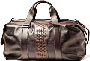 A.Testoni men's black and red pomegranate two-tone calf boston bag with woven details.