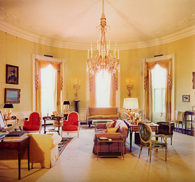 The Yellow Oval Room at the White House during the administration of President John F. Kennedy, as decorated by Sister Parish.