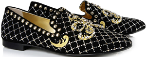 Giuseppe Zanotti Black suede loafers, gold embroidery and studded/crystal appliqué: €950.
