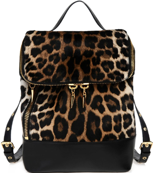 Giuseppe Zanotti Leopard print backpack. Detail: two talon jewels double as zipper pulls: US$2,650.
