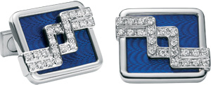 Zilli 18 Carat White Gold (25 g), 44 White Diamonds (0.80 g) and Blue Enamel Cufflinks.