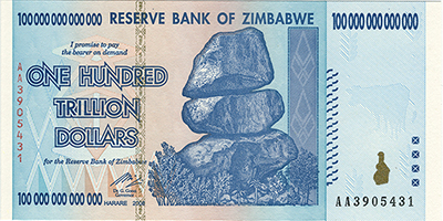 Zimbabwean banknote (100 trillion dollars) - world's largest single denomination banknote.