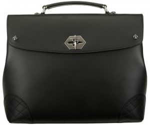 Cesare Paciotti black leather briefcase with a special metal closure system with a logo and special matelassé corners: US$1,248.