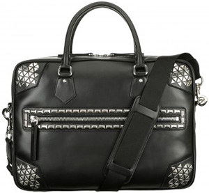 Cesare Paciotti overnight bag in black leather has a captivating 'mosaic' of metal plates: US$1,310.