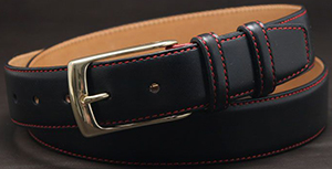 Jan Kielman Black calfskin topstitched men's belt with red thread. Brass buckle by 'JK 1883', 35 mm in width.