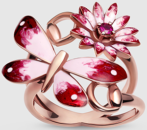Gucci Flora ring in rose gold, enamel and rubies: US$2,200.