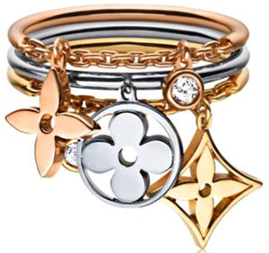 Louis Vuitton monogram idylle dangling variations women's ring 3 golds and diamonds: US$3,050.