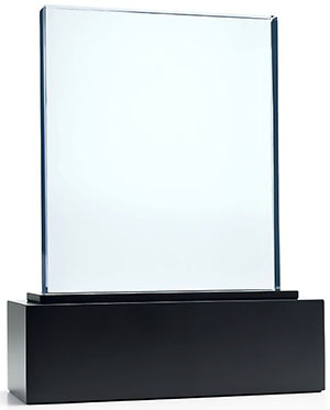 Tiffany & Co. Square award in optic glass with black ebonized wood base. 8-inch W × 10-inch H.: US$3,800.