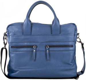 Loriblu Blue calfskin handbag. Elegant and practical, it's a revisiting of the classical briefcase in key fashion, ideal for documents and high-tech objects: €445.