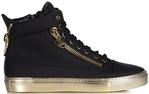 Loriblu Black leather sneaker with metal gold charms, gold rubber sole and decorative zips: €530.
