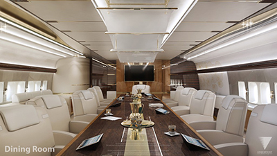 The dining room of personalized Boeing 747-8 aircraft by Greenpoint Technologies.