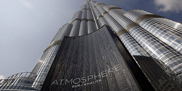 The AT.MOSPHERE restaurant located on the 122nd Floor, Burj Khalifa, Dubai, United Arab Emirates. World's highest restaurant located on the 122nd floor at the height of 442 m (1,450 ft) of the world's tallest skycraper Burj Khalifa.
