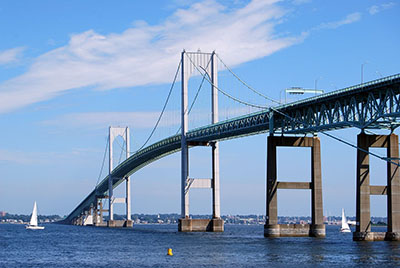 The Claiborne Pell Bridge, commonly known as the Newport Bridge, between Jamestown and Newport, Rhode Island.