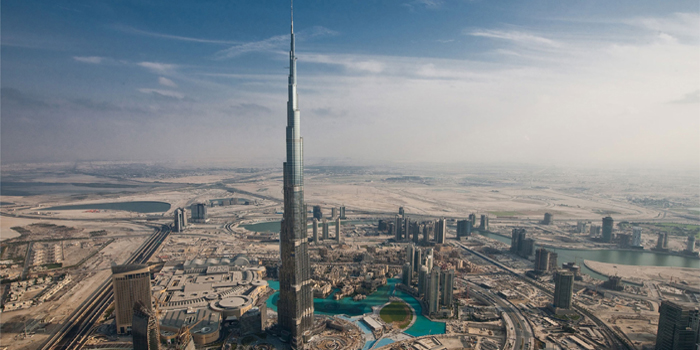 Burj Khalifa in Dubai - the tallest man-made structure ever built: 2,717 ft / 828 m, 163 habitable floors, plus 46 maintenance levels in the spire and 2 parking levels in the basement.