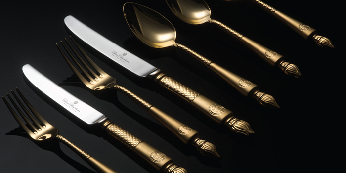 All Gold Empire Flame Clive Christian Cutlery from Arthur Price. 125 piece dinner service: £17,500