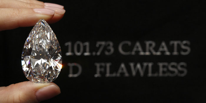 The Harry Legacy diamond. The world's largest pear-shaped, D color, type IIA, flawless diamond: 101.73 carats. Sold at Christie's Geneva on May 15, 2013 for US$26,737,913 (US$254,400 per carat) to American New York 5th Avenue Jewelers Harry Winston.