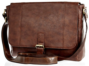 River Island Brown mottled leather-look flap over men's messenger bag: US$50.