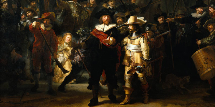 Section of the painting The Night Watch or The Shooting Company of Frans Banning Cocq (1642) by Dutch painter Rembrandt van Rijn (1606-1669).