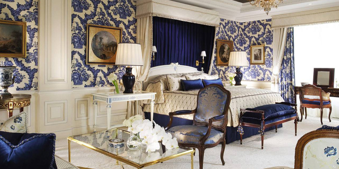 The Presidential Suite Bedroom at Four Seasons Hotel George V, 31 Avenue George V, 75008 Paris, France.