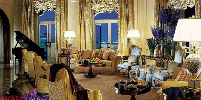 The Royal Suite living room at Four Seasons Hotel Doha, The Corniche, Doha, Qatar.