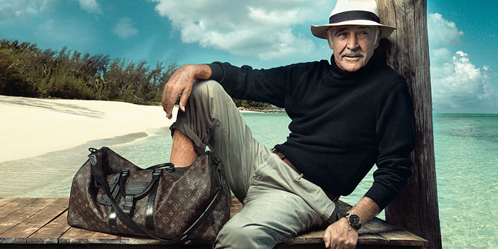 Sean Connery stars in Louis Vuitton advertisement, photographed by Annie Leibovitz on a beach near his home in the Bahamas (2008).