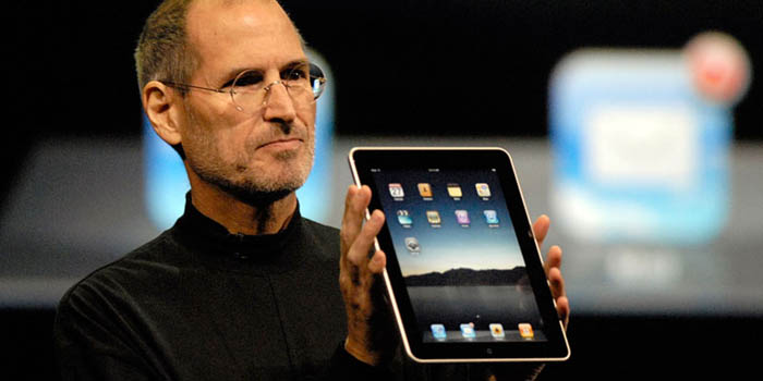 Steve Jobs presenting the first iPad on April 3, 2010.