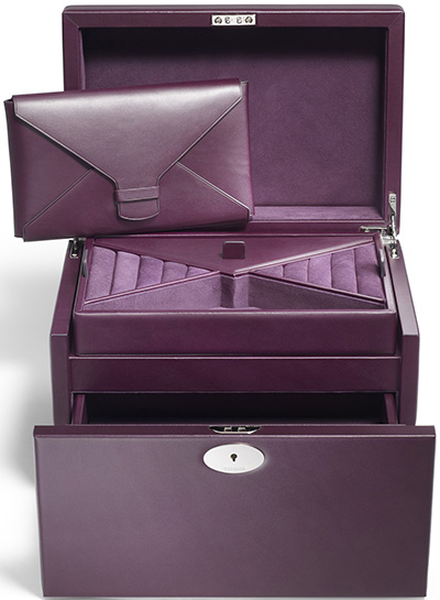 Asprey Ascot calf medium jewellery box with hallmarked sterling silver locks and fittings, and a removable jewellery envelope: US$2,850.