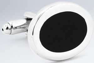 Bugatchi rhodium plated cuff links inlaid with a circle of polished onyx: US$79.50.