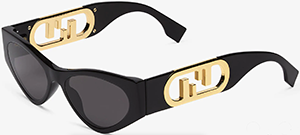 Fendi Cat-eye, black acetate OLock women's glasses. Temples with gold metal oversized OLock logo & gray lenses: US$460.