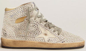 Golden Goose Sky-Star women's sneakers in optical white suede with all-over crystals and white nappa leather star: US$2,130.