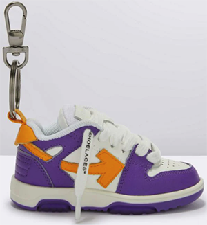 Off-White Out of office keychain white and purple with orange arrow.