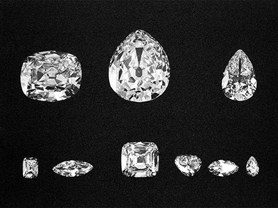 The nine major stones cut from the rough Cullinan diamond. Top: Cullinans II, I and III. Bottom: Cullinans VI, VIII, IV, V, VII & IX.