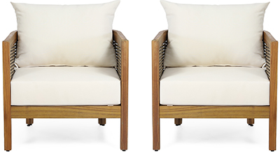 Rattler Acacia Wood Outdoor Club Chairs with Cushion, Set of 2, Teak, Mixed Brown, and Beige: US$337.98.