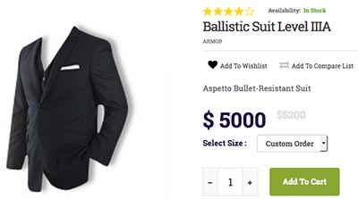 Aspetto Ballistic Suit Level IIIA: US$5,000.