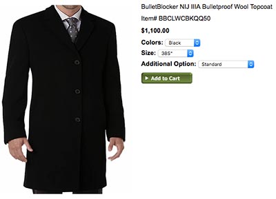 BulletBlocker NIJ IIIA Bulletproof Wool Topcoat: US$1,100.